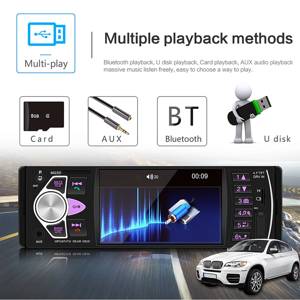 Podofo 1din Radio Auto Stereo 4.1 inch, Bluetooth FM MP3 Autoradio Player Multimedia 1 Din Audio Stereo USB FM Rezervă Monitor Imagine 3