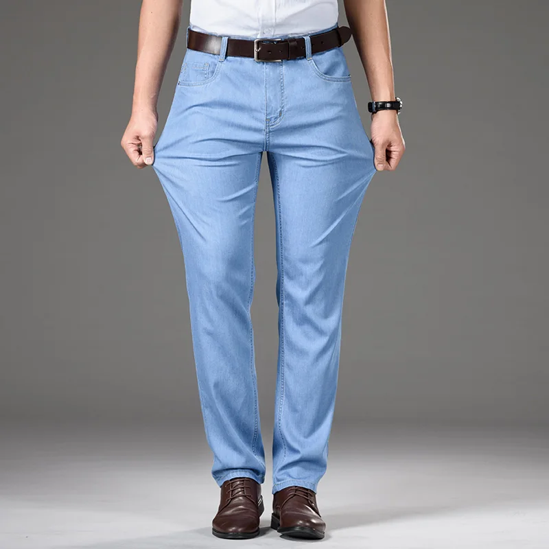 Stil clasic de Vara Barbati Albastru deschis Subțire de Blugi Drepte Business Casual Denim Stretch Pantaloni de sex Masculin Brand Pantaloni Largi Imagine 3