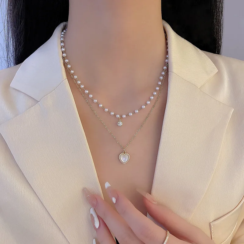 Strat dublu de Inima Pandantiv Colier Pentru Femei 18k Placat cu Aur Oțel Titan Pearl Lanț Coliere Fete Cravată Colier Imagine 3