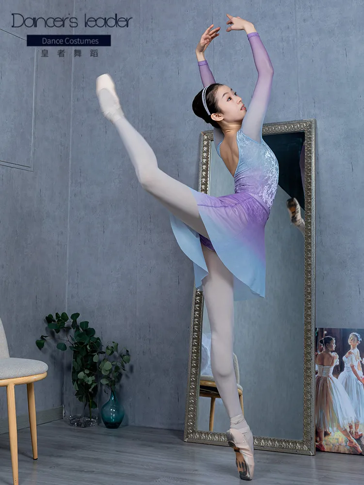 Balet Tricou Pentru Femei Practică Haine Noi Catifea de Culoare Gradient de Gimnastica Tricou Adult Balerină a Baletului Liric Fusta Imagine 4