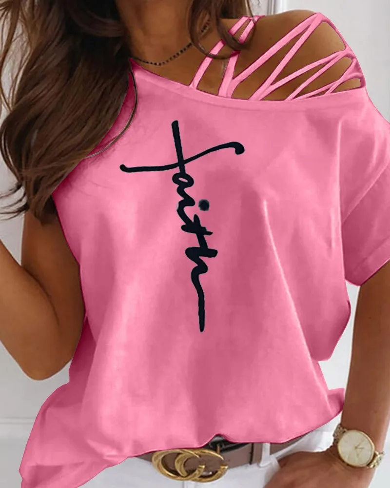 Imprimate T-shirt Femei Sexy S-3XL Dimensiune Doamnelor Unul-umăr Scrisoare Topuri de Vara Libere și Drăguț Moda T-shirt Femei de Top fara Bretele Imagine 4
