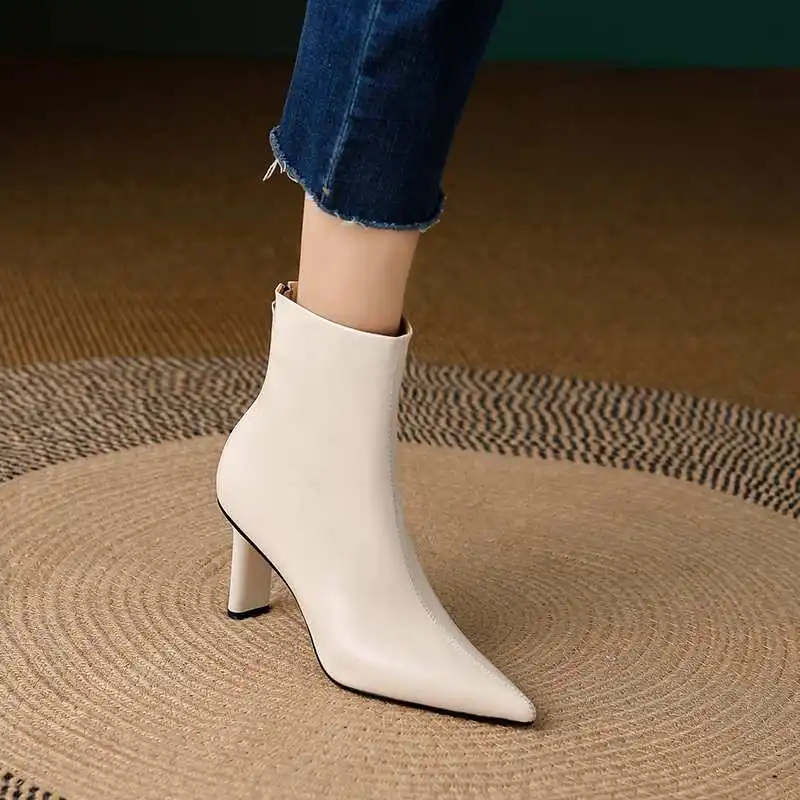 Krazing Oală De Vacă Din Piele A Subliniat Deget De La Picior Toc Cu Fermoar Cizme Moderne Pantofi Cald Iarna Moda Concis Solid Ghete Elegante Imagine 4