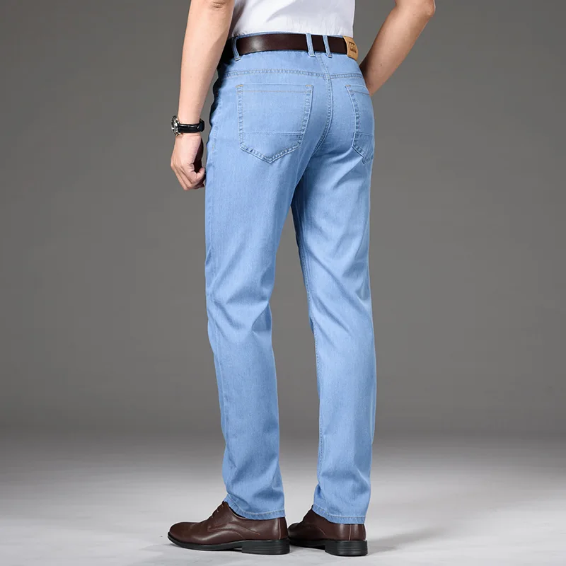 Stil clasic de Vara Barbati Albastru deschis Subțire de Blugi Drepte Business Casual Denim Stretch Pantaloni de sex Masculin Brand Pantaloni Largi Imagine 4