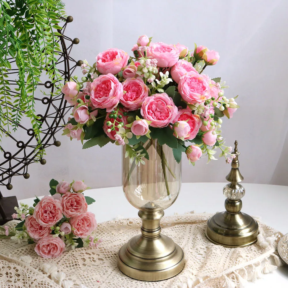Artificiale de Trandafir Roz Persian Rose Buchet Cu 5 Capete Mari 6cm Flori False Pentru Acasă Nunta Decor Interior Imagine 5