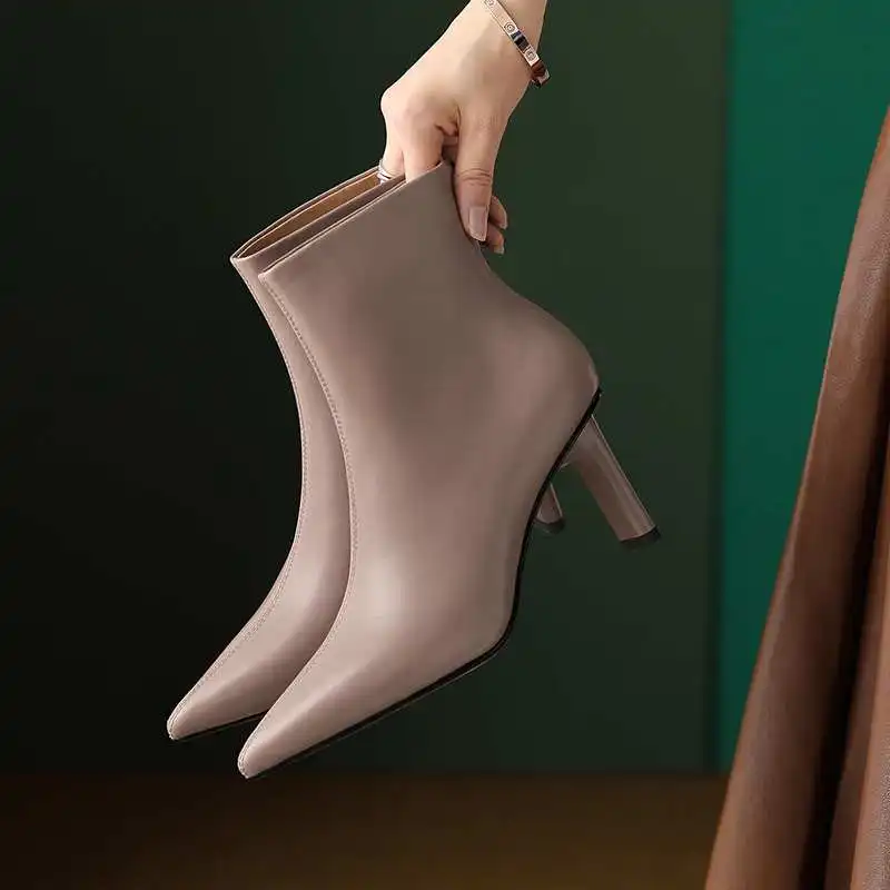 Krazing Oală De Vacă Din Piele A Subliniat Deget De La Picior Toc Cu Fermoar Cizme Moderne Pantofi Cald Iarna Moda Concis Solid Ghete Elegante Imagine 5